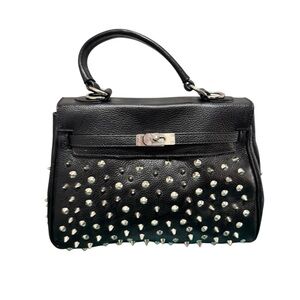 Melrose Glam Birken Style Black Leather Handbag Silver Stud Embellishments